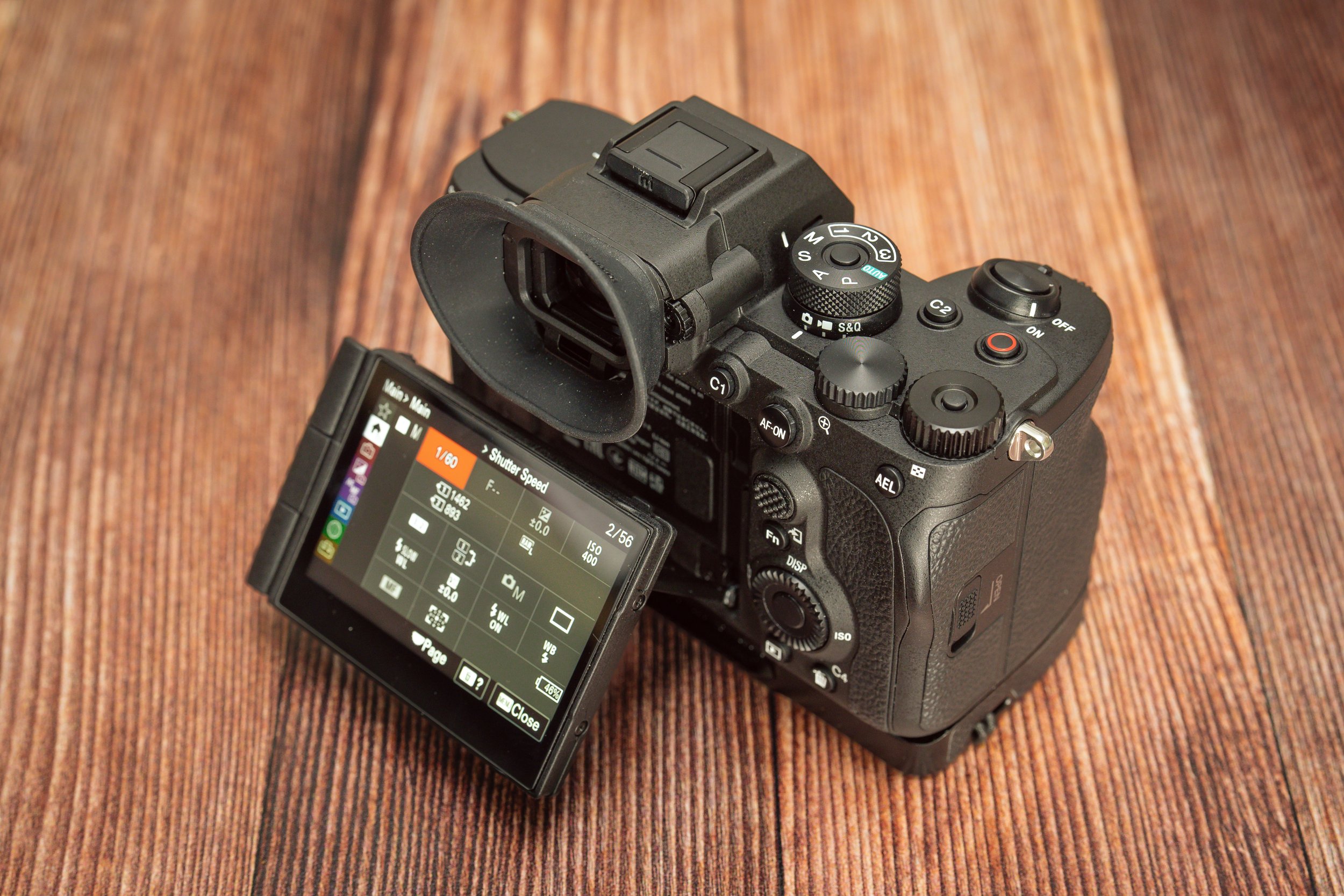 The A7RV's monitor in the flipped-up position. Great for waist-level shooting or when the camera is low to the ground. Must-have for photographing children!